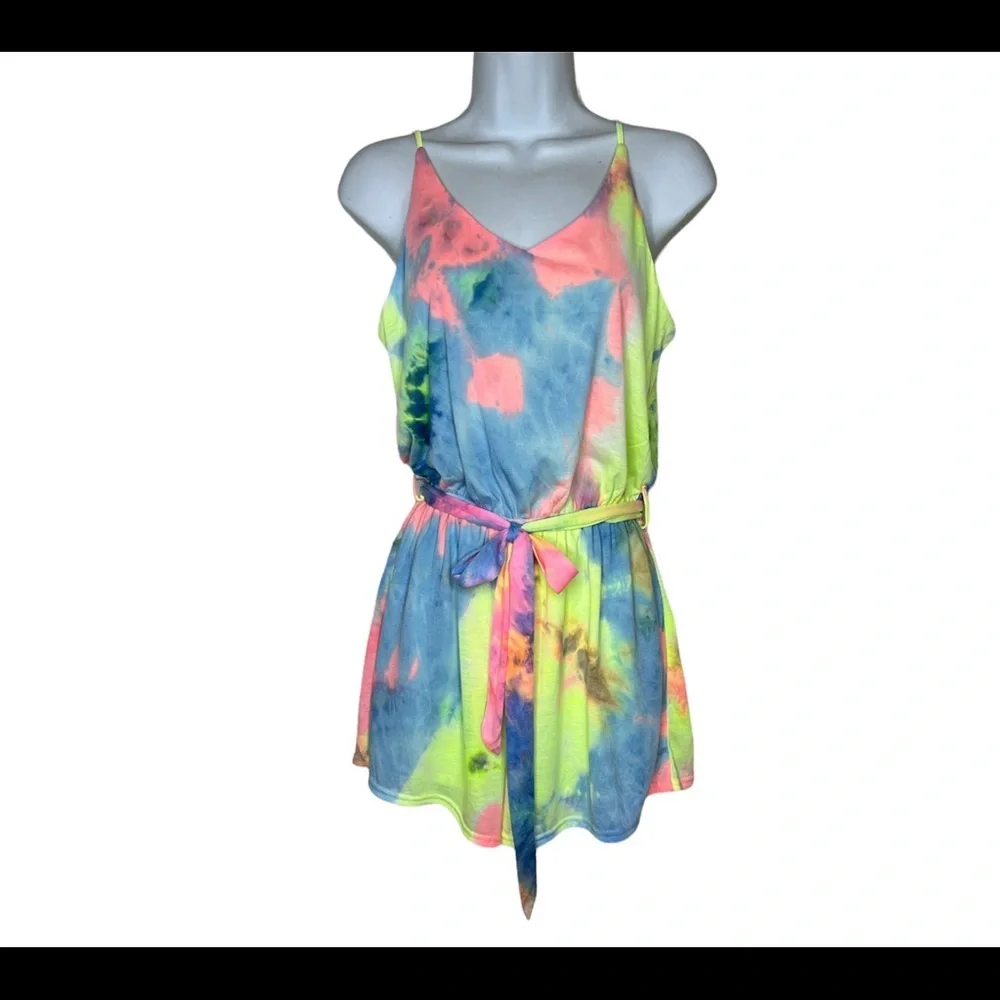 She+Sky womens size M Romper Jumpsuit shorts Boho Tie Dye sleeveless beach pink - Picture 12 of 12